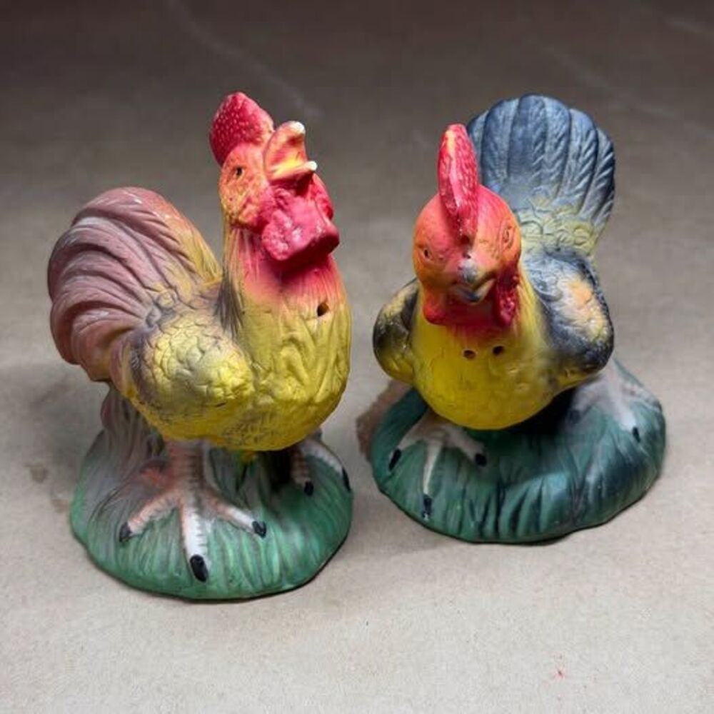 Vintage Rooster & Hen Figurines Set of 2 – Hand Painted Farmhouse Decor